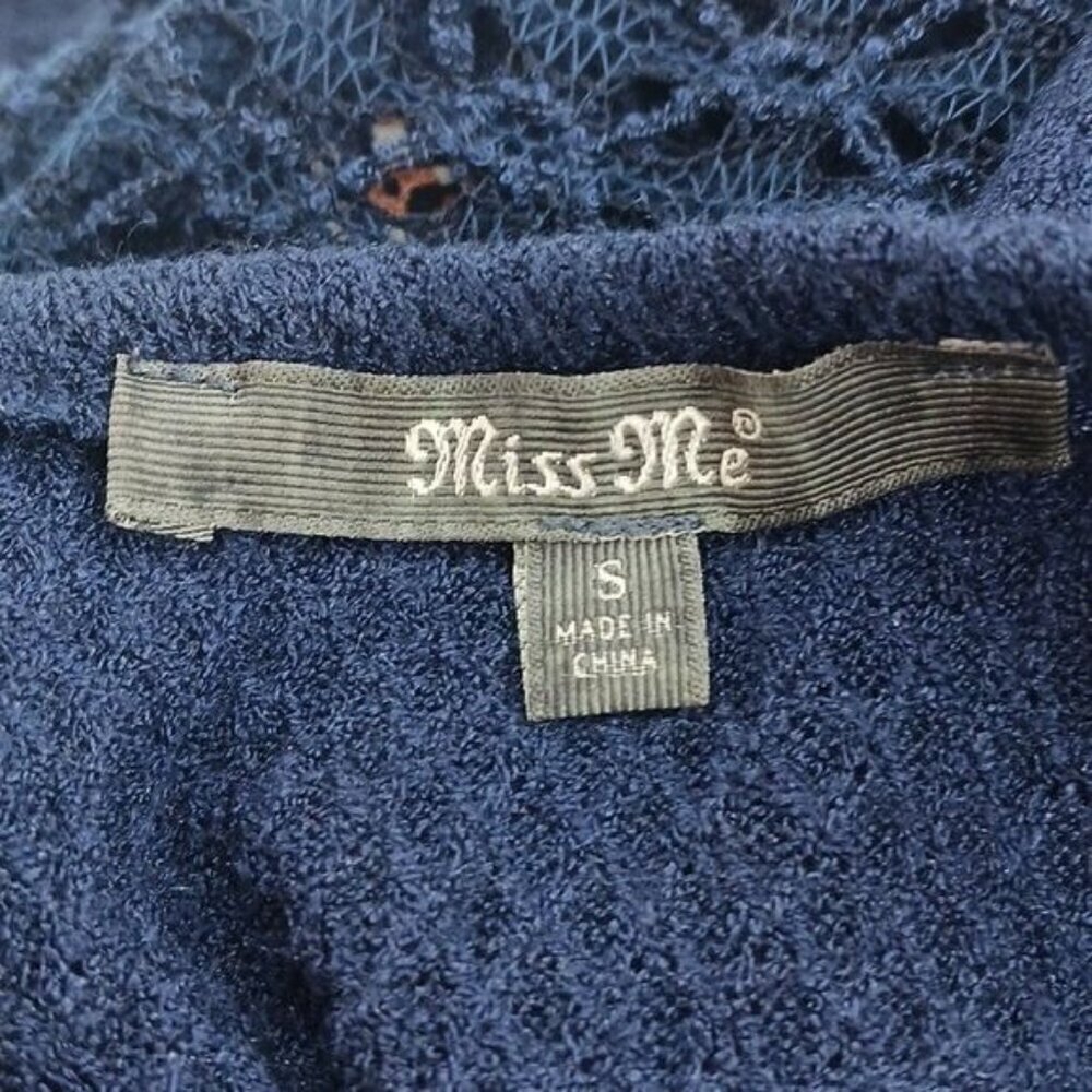 Miss Me Knit Top Blue Lace Geometric Long Sleeve Boho Stretch Womens Size S - Picture 5 of 6